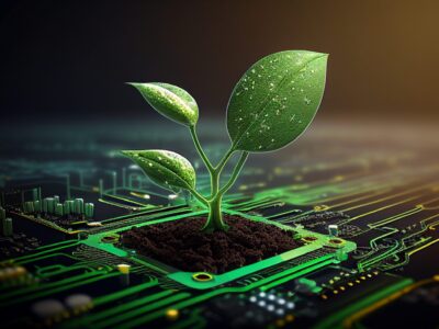 A computer chip with a green sprout. Using Generative AI technologies, an organic digital background was generated.